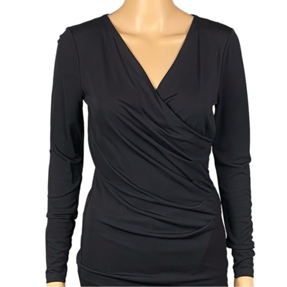 ANN TAYLOR black jersey surplice blouse with ruching & side zipper Small EUC